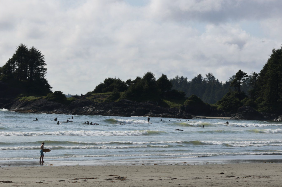 <who> Photo credit: Nora O'Malley, Local Journalism Initiative </who> Visitors and locals cruise the waves at Cox Bay Beach on June 18, 2025. Heading into peak tourist season, the average rate for one night at a hotel on this popular Tofino surf beach is $700 and a campsite is $250. 