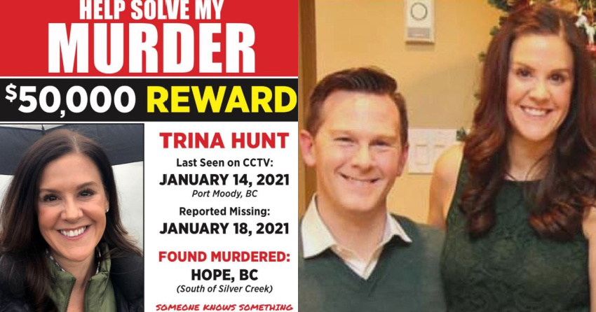 <who>Photo Credit: trinahunt.com</who>A poster offering a reward for information leading to the arrest of Trina Hunt's killer (L) / An undated photo of Iain and Trina Hunt.