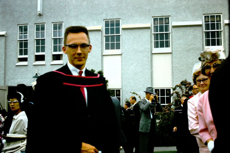<who>Photo Credit: Robert Murray</who>Robert Murray at his UBC convocation ceremony in 1963.