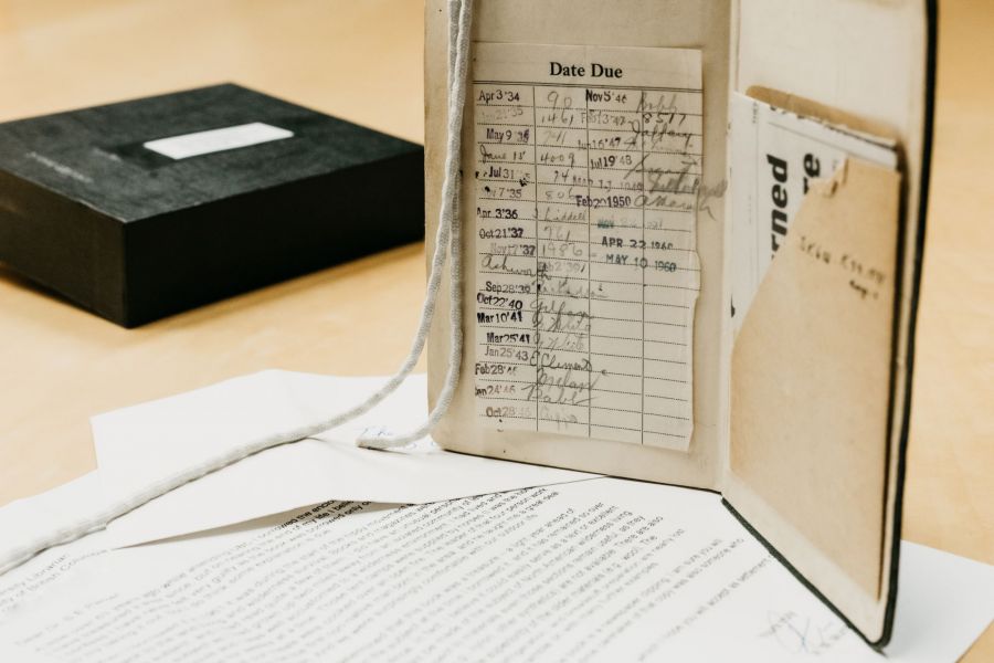 <who>Photo Credit: UBC Library Communications & Marketing</who>The book ’ s due date log, showing its borrowing history dating back to 1934.
