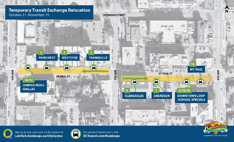 <who> Photo Credit: City of Kamloops </who> A map of the temporary bus exchange that will be in place from Oct. 21 until about Nov. 15.