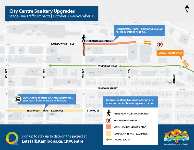 <who> Photo Credit: City of Kamloops </who> A view of the new construction area and detours in place.