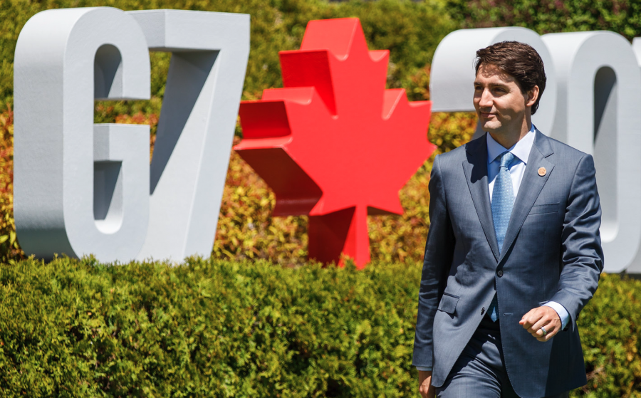 <who> Photo credit: PMO </who> Justin Trudeau at the G7 meeting held in Quebec in 2018.