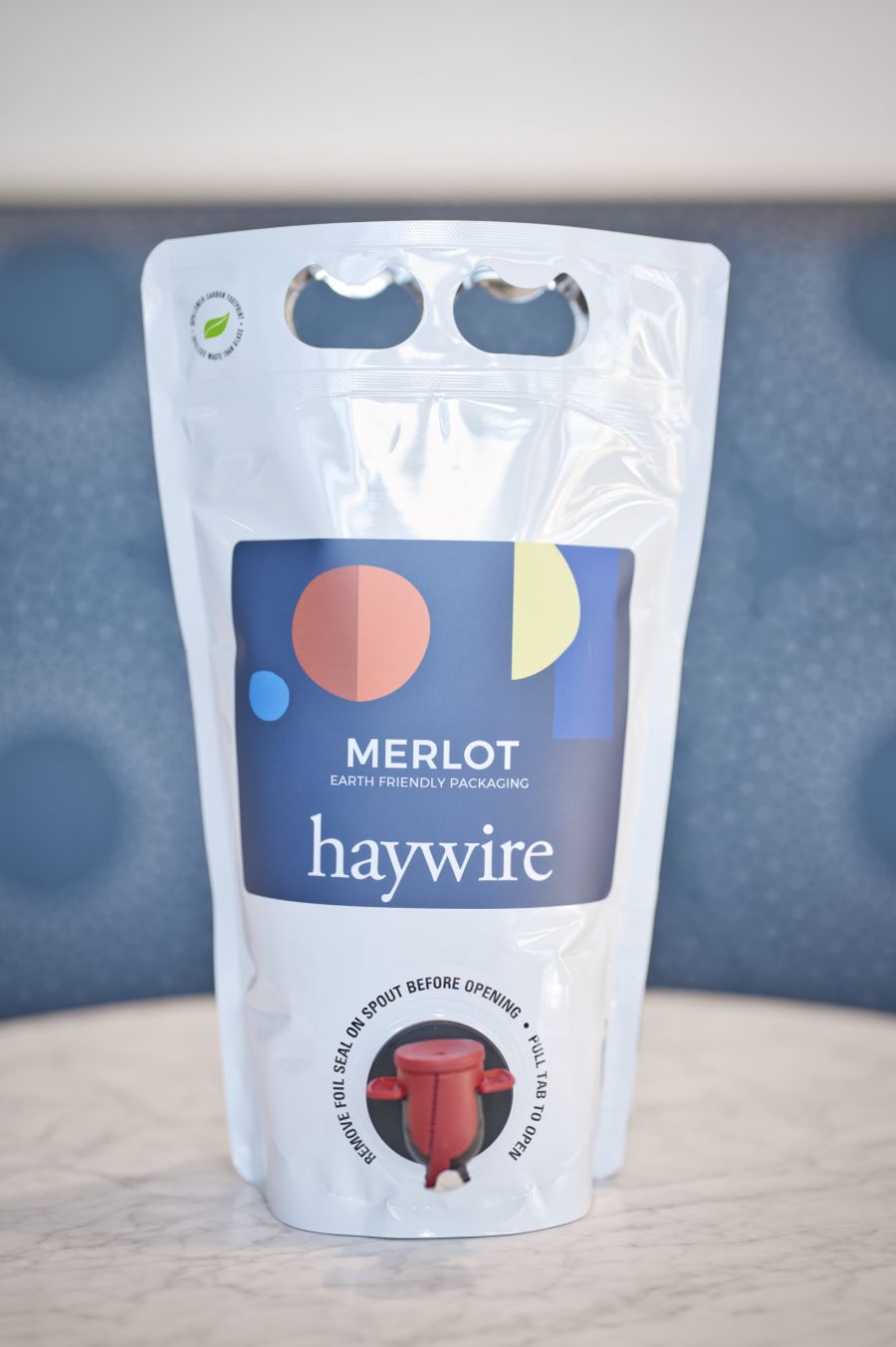 <who>Photo credit: Haywire Winery</who>Wine in a pouch is part of the eco-friendly packaging movement at Haywire Winery in Summerland.